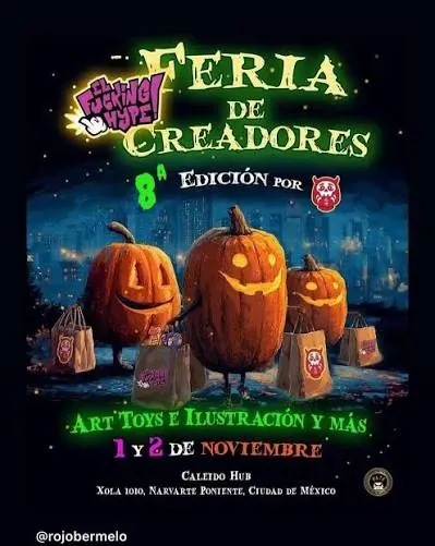 Cartel de la 8a edición de la Feria de Creadores: tres calabazas de Halloween cargando bolsas de compras, con la sede Caleido Hub y la fecha 1 y 2 de noviembre